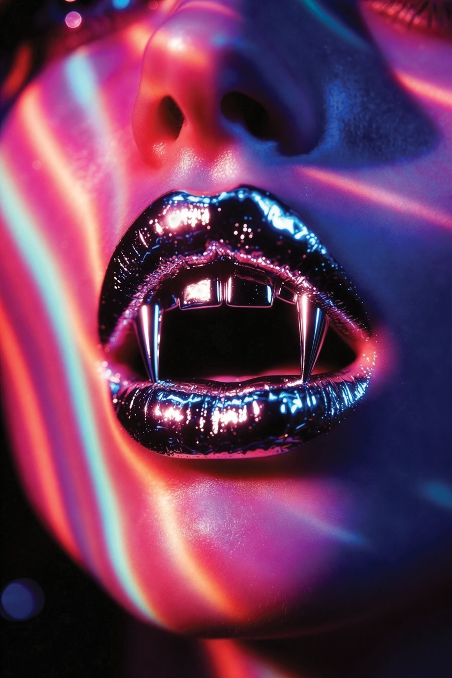 Chrome Kiss — liquid chrome lips with metallic fangs under pink and blue neon