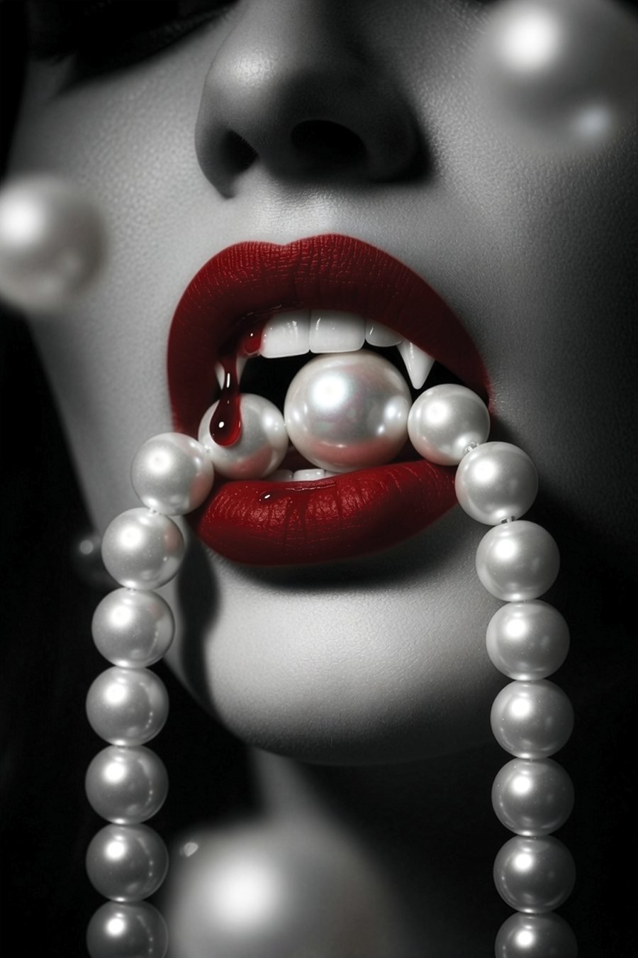 Pearl Bite — red lips and a fang closing on a strand of white pearls