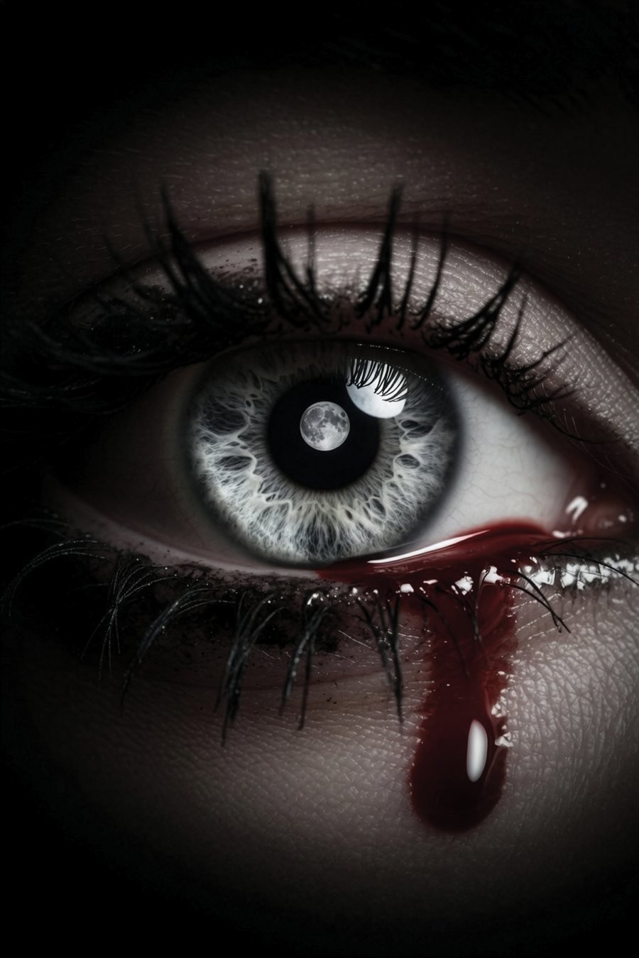 The Eye — macro eye with a full moon in the pupil and a single bloody tear