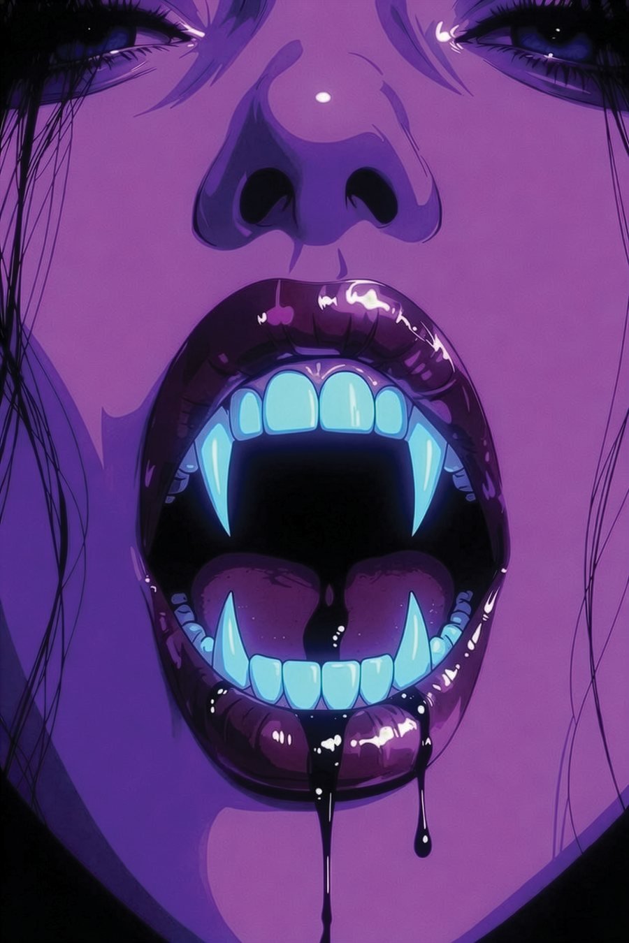 UV Drip — neon anime mouth mid-scream with glowing blue fangs under purple UV light