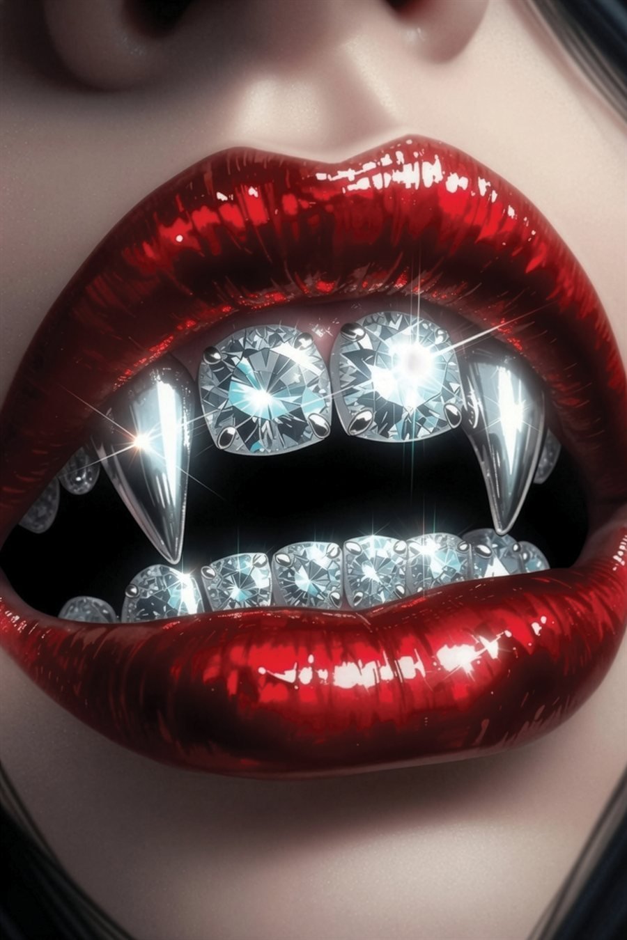 Diamond Grillz — deep red lips parting over diamond-encrusted fangs