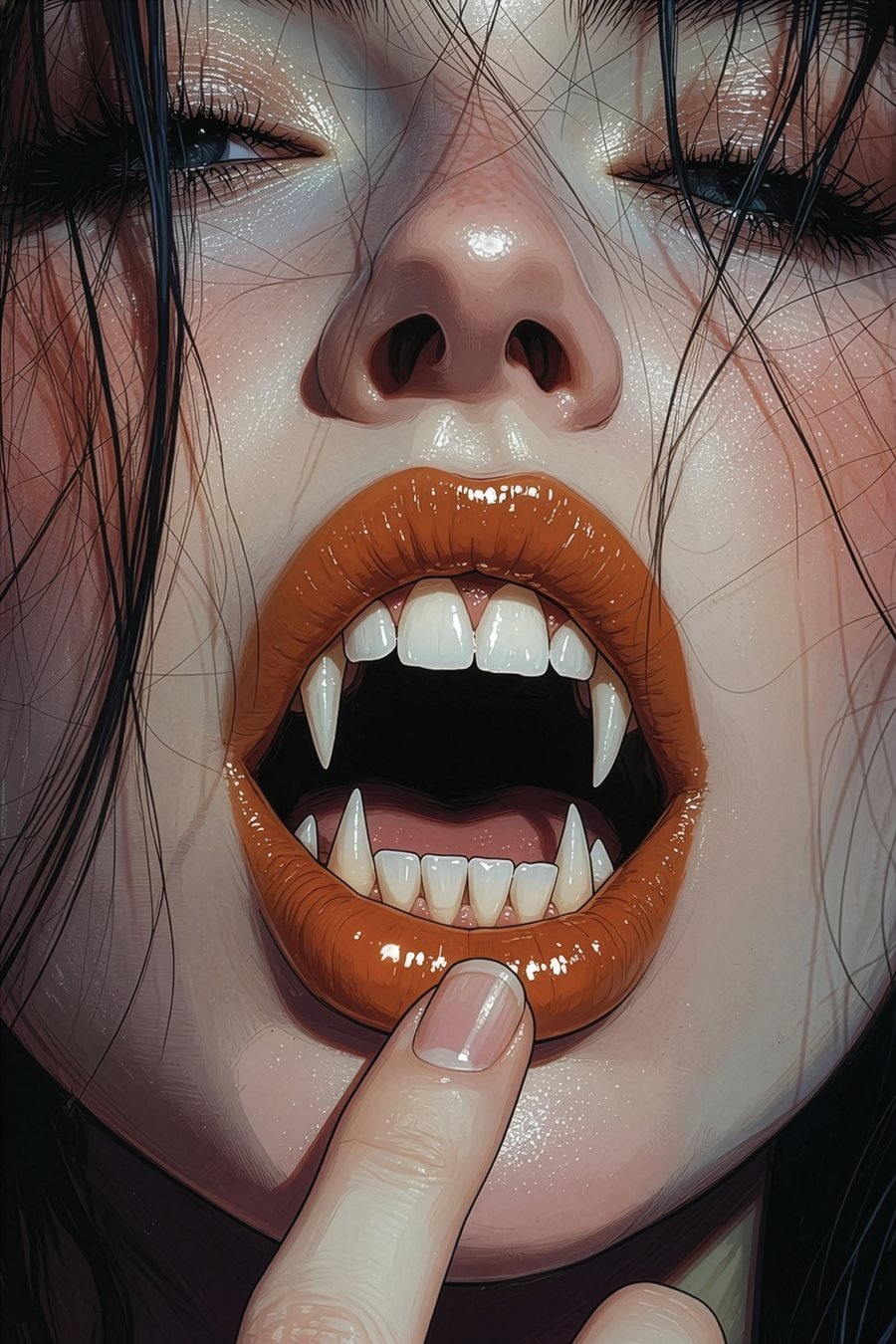 Feral — illustrated fanged mouth with a fingertip hooking the lower lip