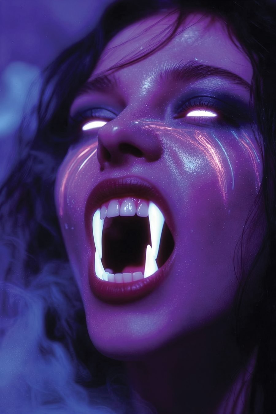 Blacklight — fanged scream under blacklight with glowing white eyes and neon streaks