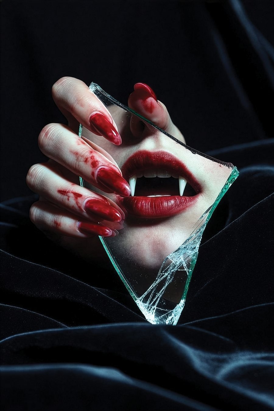 Shattered — pale hand with blood-splattered nails gripping a mirror shard that reflects a fanged mouth