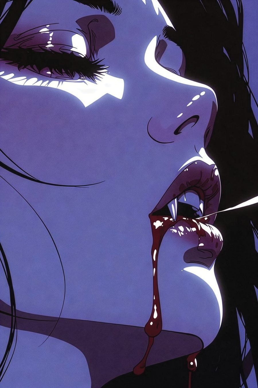 The Aftermath — anime vampire profile with blood dripping under cool blue moonlight